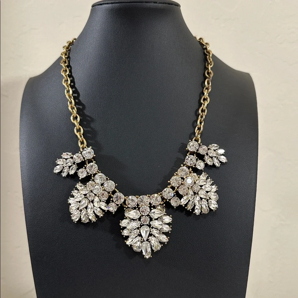 J Crew Vintage White Crystal Cluster Antique Gold Tone Statement Bib Necklace